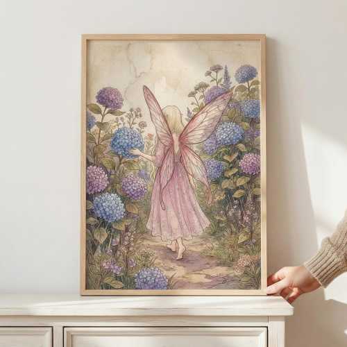 Whimsical Fairy Wall Art, Hydrangea Garden Print, Cottagecore Nursery Decor, Enchanted Forest Illustration, Pink Winged Fairy Poster