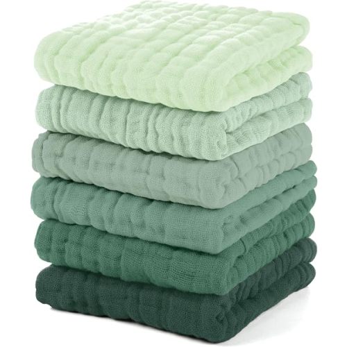 Unnivoll Muslin Burp Cloths Baby 12''X12'', Baby Washcloths 6 Pack, 100% Cotton Baby Wash Cloths Absorbent and Soft for Newborn Infants Kids Boys Girls - Gradient Green