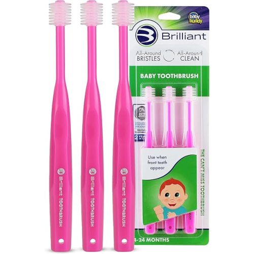 Brilliant Oral Care Baby Toothbrush with Soft Bristles and Round Head, for a Toddler Approved, Easy to Use All-Around Clean Mouth, Ages 0-2 Years, Pink, 3 Pack