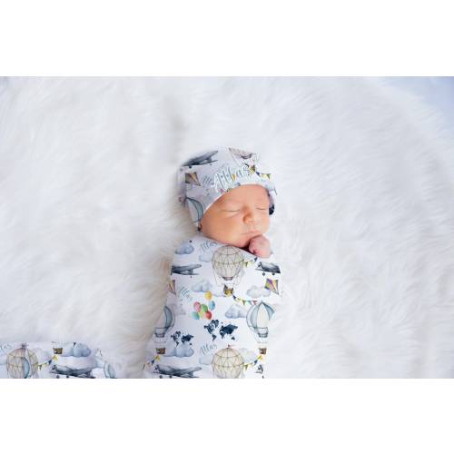 Adventure Swaddle Set, Personalized Airplane Swaddle, World Map Nursery Theme, Newborn Blanket, Baby Shower Gift, Hot Air Balloon Swaddle T1