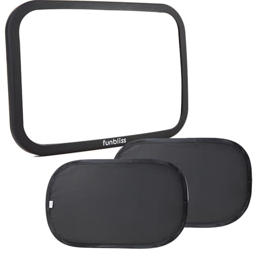 Funbliss Bar Mirror for Baby + 2 Pack Car Window Shades Bundle (19″ × 12″), UPF 50+ Window Shade for Baby in Car, 360° Rotation Fully-Adjustable Straps