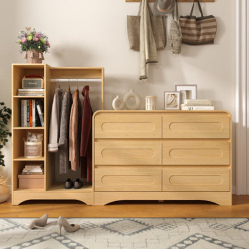 Winston Porter Wooded 6 Drawers Dresser With Clothes Hanging Rack,3-In-1 Wardrobe Closet For Bedroom | Wayfair