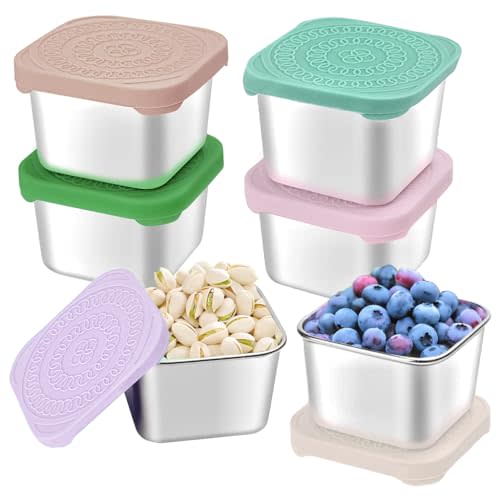 HTEVW 6Pack Stainless Steel Snack Containers for Kids, Easy Open Leak Proof Metal Toddler Snack Containers with Silicone Lids, Stackable Metal Toddler Lunch Box for Daycare, School and Travel (6oz)