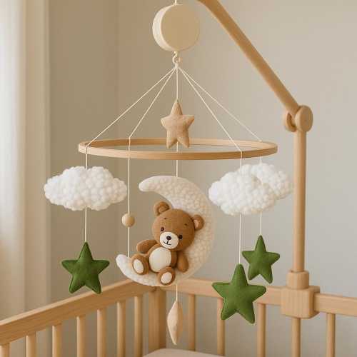 Teddy Bear Moon Crib Mobile– Handmade Felt Baby Mobile with Stars & Clouds, Neutral Nursery Decor, Baby Shower Gift, Newborn Room Decoration