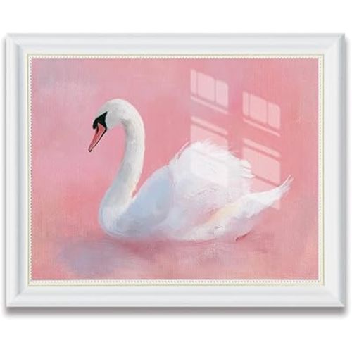 White Frame White Swan Canvas Wall Art Print, Minimalist Swan Painting Poster, Soft Pink Lake Bird Artwork Picture for Bedroom Living Room Nursery Bathroom Decor 16x20 inch