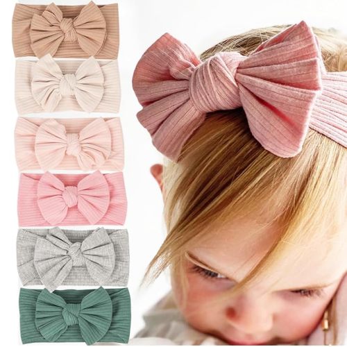 6 Pieces Baby headbands: Bow design Soft Thread Cotton Solid color Comfort Headband Handmade Hair Newborn Infant Toddlers Kids