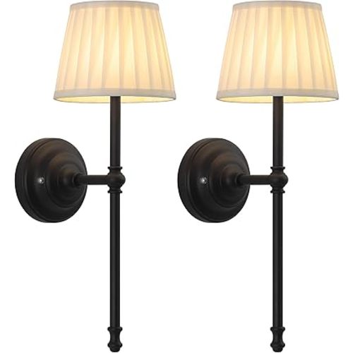 KDG Black Cordless Wall Sconces Set of 2, Beige Fabric LED Wall Lamps