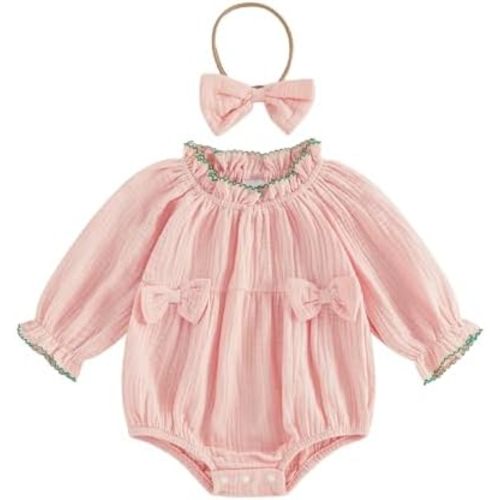 BeQeuewll Fall Winter Baby Girl Clothes Newborn Bubble Romper Long Sleeve Ruffle Bodysuit with Headband Cute Infant Outfits