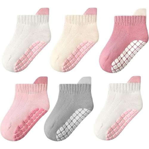 Toddler Non Slip Grip Ankle Socks with Grippers Cute Seamless for Baby Boys Girls Infants Kids 6 Pairs