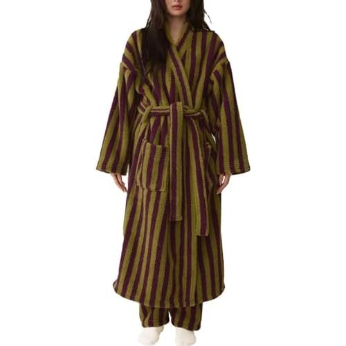 Womens Striped Fluffy Robe Long Plush Fuzzy Warm Bathrobes
