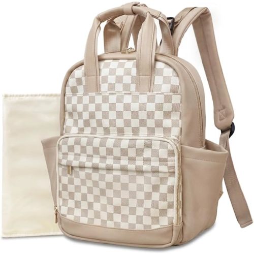 miss fong Small Diaper Bag - Baby Diaper Bag Backpack Checkered Diaper Bag with Changing Pad Baby Backpack for Travel Daycare Mommy Diaper Backpack Pañaleras Para Bebe for Mom & Dad-White&Beige