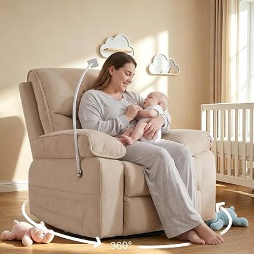 360° Swivel Glider Rocking Chair Nursery, Oversized Recliner with Phone Holder,Nursing Chairs for Breastfeeding with Wide Foot Rest for Living Room and Baby Room,Linen