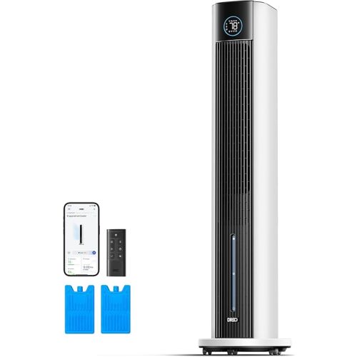 Dreo Evaporative Air Swamp Cooler, 43" Cooling Fans that Blow Cold Air 2025 Upgraded, 85° Oscillating Floor Fan for Bedroom, Easy Cleaning, APP Control, Ice Packs, 4 Speeds & 4 Modes, 12H Timer, White