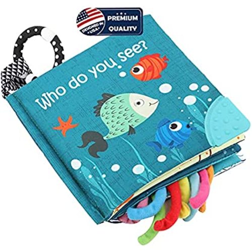 Fish Soft Cloth Book, Crinkle Baby Books Toys Shark Tails Soft Activity Early Education Toy for Babies,Toddlers,Infants,Kids, Teether Ring,Teething Baby Book Baby Shark,Octopus, Ocean Sea Animal Books