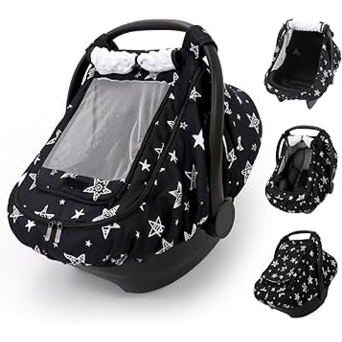 Car Seat Cover Baby Boy, Infant Car Seat Canopy Outdoor, 2 Layers with Mesh and Sun Shade Window for Summer Winter, Easy Access Carseat Covers Snug Fit Baby Stroller - Black Star