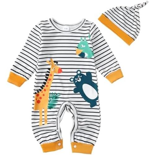 Newborn Baby Boy Clothes Fall Winter Cute Infant Outfits Long Sleeve Romper Hat Bodysuit Jumpsuits