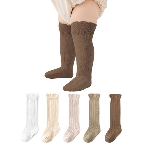 Zando Toddler Girls Knee High Socks 5-Pack, Soft Cotton Long Tube Ruffle Socks for Preemie Infant Newborn Toddler 0-3T
