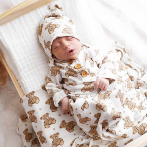 Beary Sweet Bamboo Waffle Newborn Baby Knot Gown & Hat Set