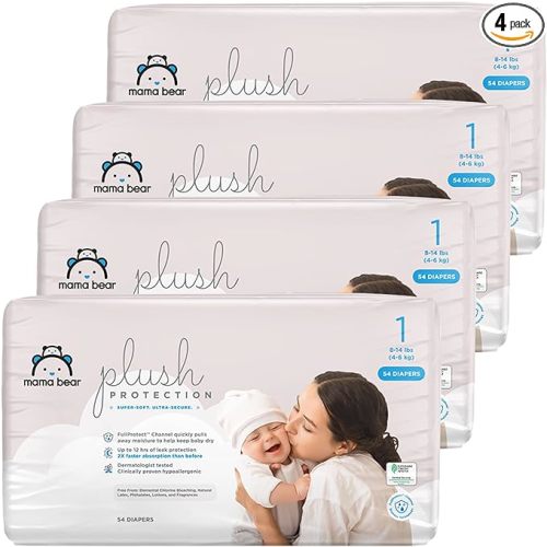 Amazon Brand - Mama Bear Plush Protection Disposable Baby Diapers, Hypoallergenic, Fragrance-Free, Leak Protection, Size 1, Wetness Indicator, 216 Count (4-Pack), White and Cloud Dreams