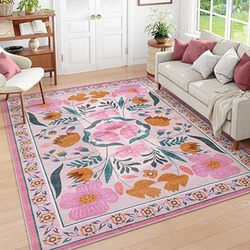 Yuemasi Pink Rug for Living Room, Ultra-Thin Non-Slip Washable Area Rugs 6x9, Flower Farmhouse Soft Bedroom Carpet, Vintage Print Carpet for Kids Room Dorm Decor for College Girls (6x9ft,Pink)