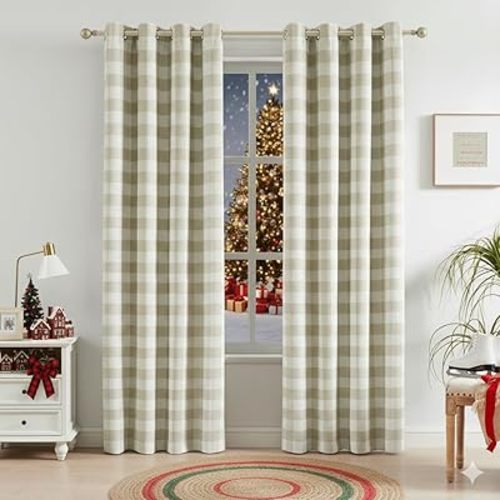 Randall Buffalo Check 90% Blackout Curtains for Bedroom/Living Room Plaid Gingham Checkered Farmhouse Drapes with Grommet Top, Energy Efficient Thermal Room Darkening 2 Panels, 52x84 Inch, Beige/White