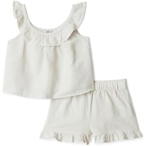 Amazon Essentials x Sofia Grainge Toddlers and Baby Girls' Cotton Linen Sleeveless Top & Shorts Set with Ruffles