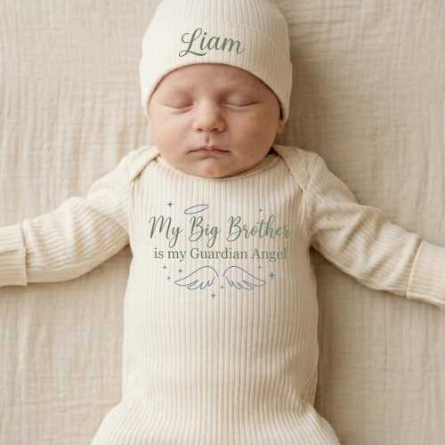 Big Brother in Heaven Baby Bodysuit and Hat, Personalized Name Angel Sibling Outfit