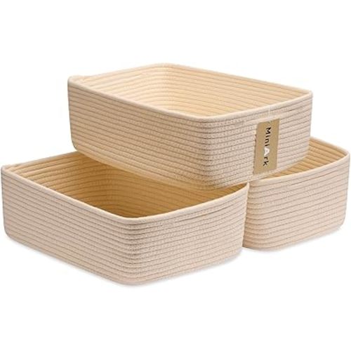 Large Shallow Organizing Baskets 15x11x5.1 Inches - Rope Woven Storage Bins for Bathroom, Shelves, Cube Closet, Beige 3 Packs