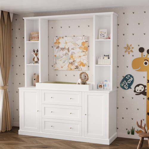 OXYLIFE White Baby Dresser with Removable Changing Table Top, Nursery Dresser with Storage Drawers, Tall Baby Diaper Changing Station, Large Storage Cabinet with Doors and Shelves for Nursery
