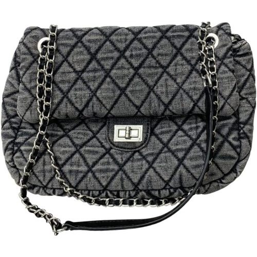 Women's Grey Casual Diamond Checker Denim Retro Fashion One Shoulder Handbag