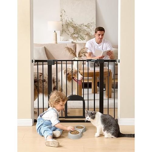 Babelio Upgraded Baby Gate with Cat Door, 29-43" Auto Close Durable Dog Gate for Stairs, Doorways and House, Easy Walk Thru Safety Gate with Pet Door Includes 4 Wall Cups, Black