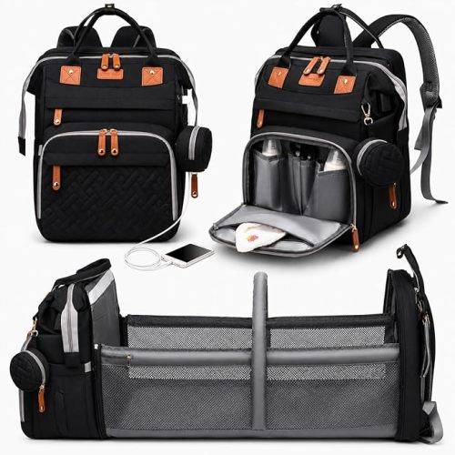 Diaper Bag Backpack with Changing Station, Large Diaper Bag For Boys And Girls, Multifunctional Waterproof Travel Diaper Backpack, Baby Bag with USB Charging Port for Moms Dads,black