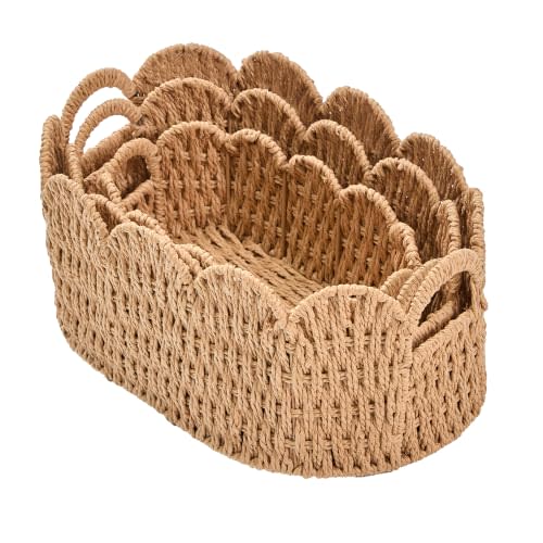 Scalloped Basket Set of 3 (Large, Medium, Small), Paper Rope Hand Woven Storage Basket for Shelves, Clothes, Towels and Laundry, Wicker Decorative Basket for Living Room Bedroom Organizing, Neutral