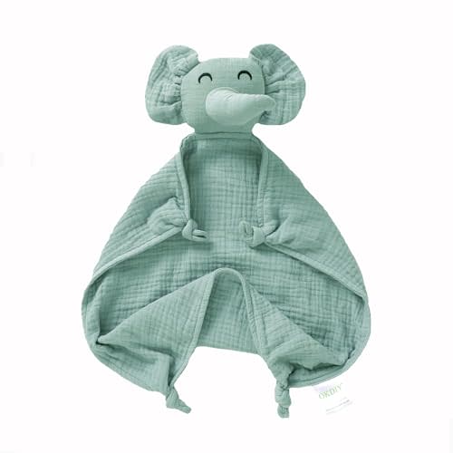 Okdiy Organic Elephant Lovey for Babies - Muslin Security Blanket, Soft Snuggle Animal for Newborn - Gift for Boys and Girls (Green)