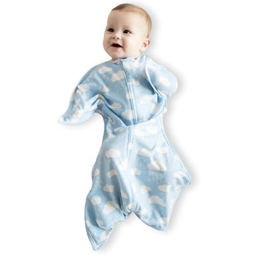 SleepingBaby Zipadee-Zip Transition Swaddle - Cozy Baby Swaddle Blanket with Zipper Convenience - Roomy Wearable Blanket for Easy Diaper Changes - Spring Showers Blue, Small (4-8 Month)