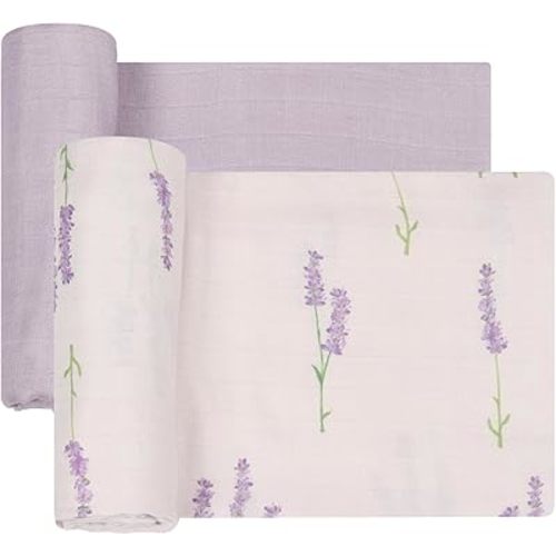 Muslin Swaddle Blankets Neutral, Baby Swaddling Wrap Nursery Receiving Blanket for Baby Girl, 70% Viscose from Bamboo and 30% Cotton, Large 47 x 47 inches Lavender & Mauve