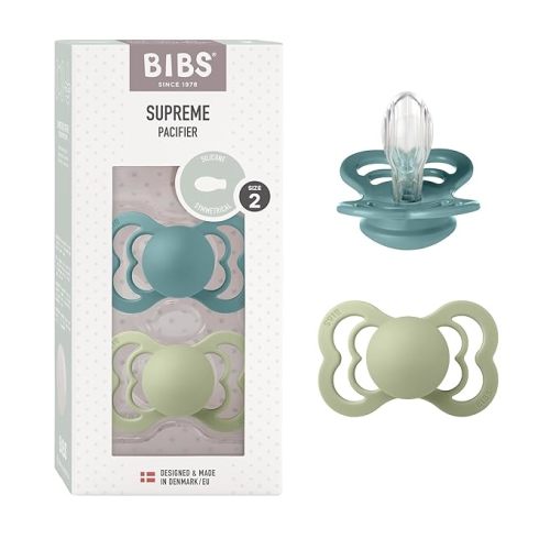 BIBS Supreme Baby Pacifier 2-Pack | Made in Denmark | BPA Free Dummy Soother, Symmetrical Nipple. Silicone, Size 1 (0-6 Months), Blush Glow/Vanilla Glow