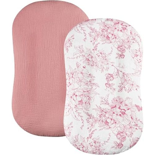 DILIMI Baby Lounger Covers, 2 Pack Muslin Newborn Lounger Cover, Soft Comfortable Removable Infant Pillow Slipcover for Girl and Boy, Pink & Floral (Lounger not Included)