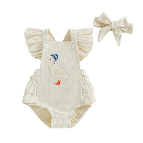 Vicaankue Newborn Infant Baby Girl Fall Clothes Vintage Goose Ruffle Sleeveless Romper Corduroy Backless Bodysuit Overalls