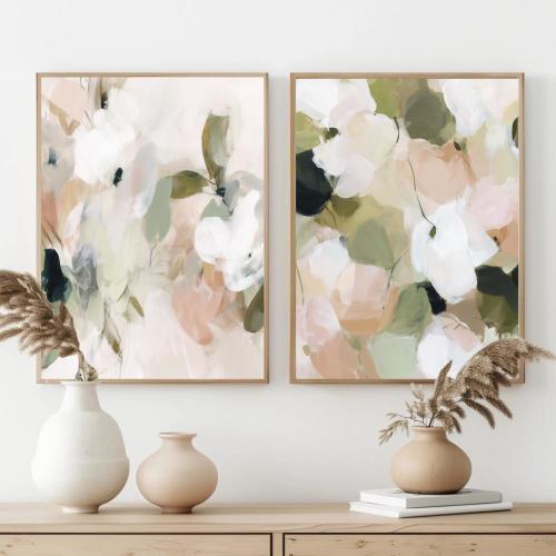 Soft Floral Abstract Wall Art | Blush and Sage Botanical Print