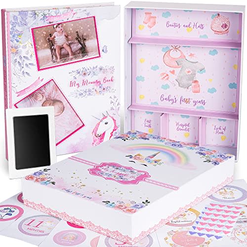 Kemella Kreations My Memory Book with Keepsake Box, Baby Milestone Stickers, Photo Corners & Footprint Kit, Unicorn Design - Baby First Five Years, Scrapbook, Journal, Photo Album for Newborn to 5