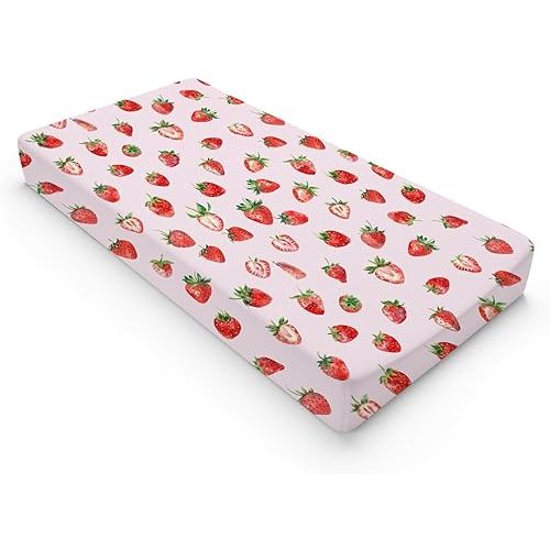 Watercolor Strawberries Changing Pad Covers Cute Strawberry Pink Unisex Diaper Changing Table Sheets for Boys Girls Boho Summer Fruits Soft Breathable Stretchy Baby Change Table Pad Mats 32''x16''