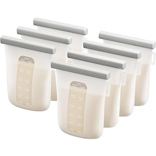 Nuliie 7 Pcs Reusable Silicone Breastmilk Storage Bags, 12oz/360ml Double Leak-Proof Breastmilk Freezer Bags, BPA Free Self-Standing Milk Bags for Breastfeeding, Baby Food Pouches
