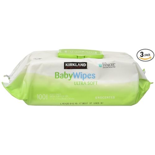 Baby Wipes Unscented Ultra Soft by Kirkland with Flip top Lid, 100 Count (Pack of 3)