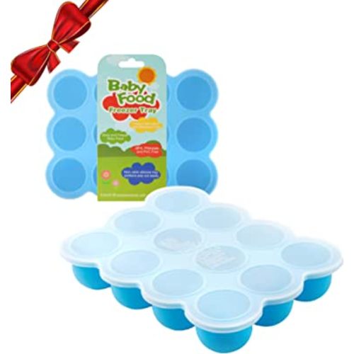 Samuelworld Baby Food Storage Container, 12 Portions x 2.5oz - BPA Free Silicone Freezer Tray with Clip-On Lid for Breast Milk Storage, Homemade Baby Food, Vegetable & Fruit Purees - Blue