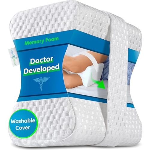 Sports Medica Doctor Developed Ergonomic Knee Pillow for Side Sleepers - eHandbook Included - Memory Foam Spine Alignment Leg Pillow for Sleeping on Side - Hip & Leg Elevation Pillow