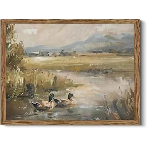 AXILANG Duck Wall Art Framed, Vintage Mallard Duck Canvas Wall Decor, Farmhouse Wildlife Pond Painting, Rustic Country Animal Wall Art for Bathroom Living Room Lake House, 8x10 Wood Framed