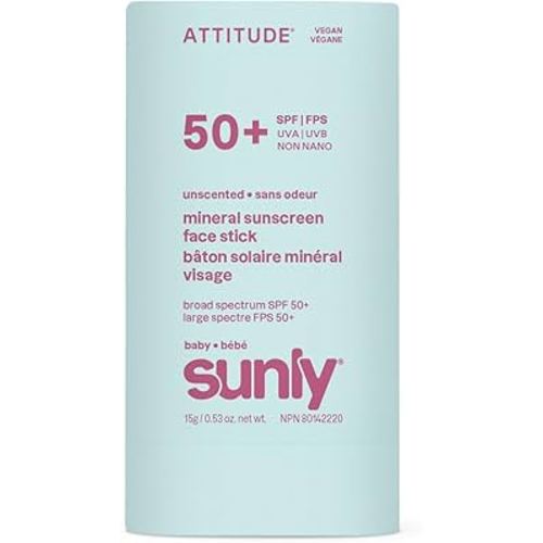 ATTITUDE Baby Mineral Sunscreen Face Stick SPF 50, Broad Spectrum Zinc Oxide, EWG Verified, Non-Nano, Gentle Lightweight Non-Greasy, Vegan
