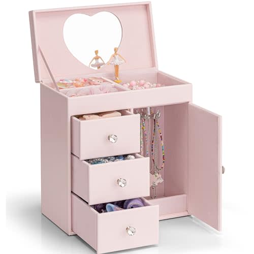 Vlando Musical Jewelry Box for Girls - Valentines Day Gift for Kid - Large Kid Music Box with Ballerina for Birthday Bedroom Decor, 4 Layer Girl Jewelry Gifts for Girls Kids - Light Pink