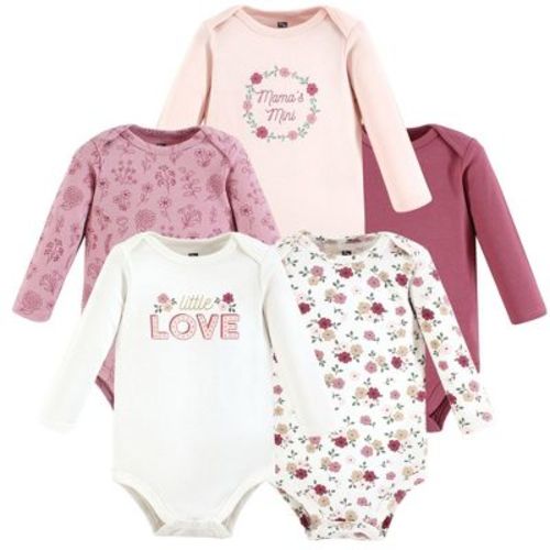 Hudson Baby Infant Girls Cotton Long-Sleeve Bodysuits 5-Pack, Mauve Floral Love, 3-6 Months